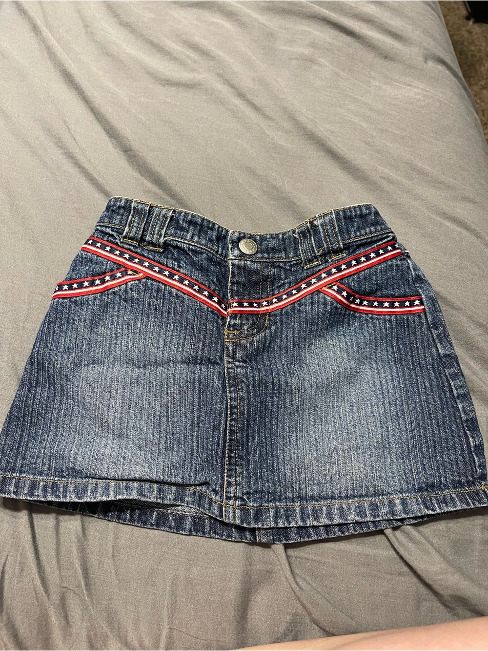 Early 2000’s Kids Blue Denim Mini Skirt with Red & White Star Trim